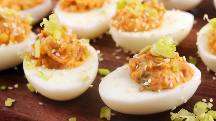 6 Bacon and Kimchi Deviled Eggs